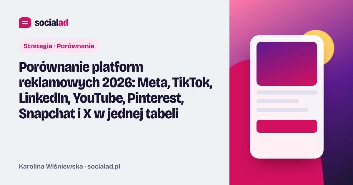 Grafika do artykułu: Porównanie platform reklamowych 2026: Meta, TikTok, LinkedIn, YouTube, Pinterest, Snapchat i X w jednej tabeli